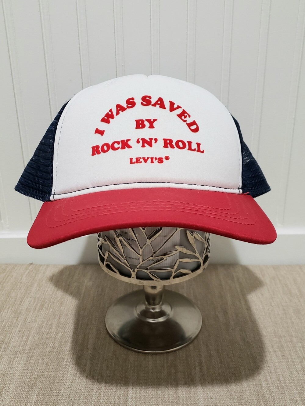 NWOT! LEVI'S I Was Saved By Rock 'N' Roll Mesh Snap-Back Cap (OS) Red/White/Blue